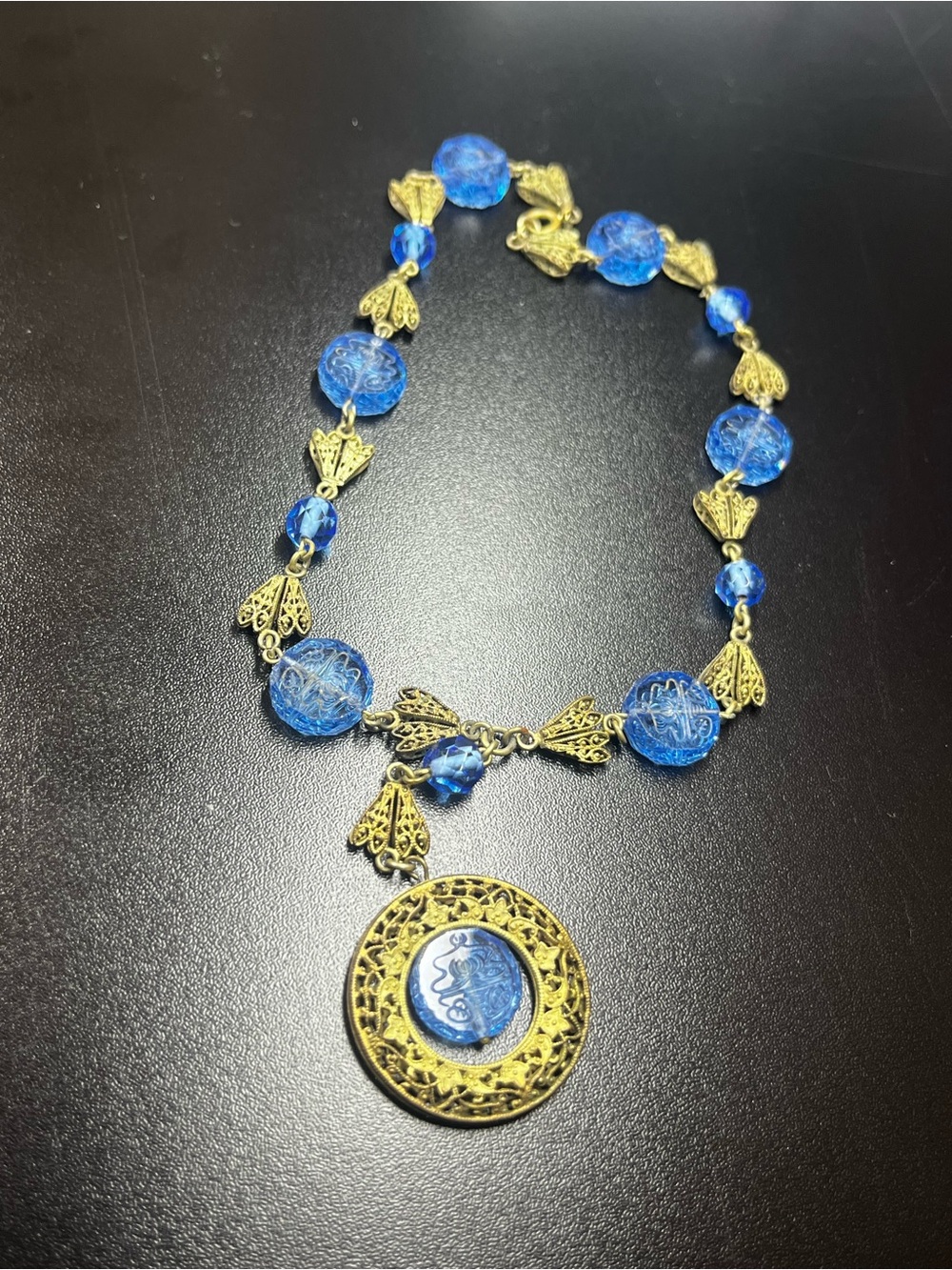 Gold Filigree Necklace with Blue Glass Beads